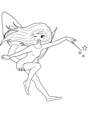 Winking Fairy With Magic Stick  Coloring Page